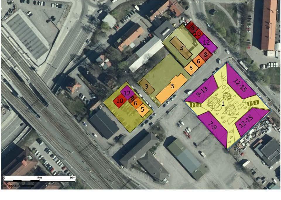 Exploateringsstudie Ark SAR/MSA: Johnny Berg Vy från söder med planområdet blåmarkerat och HSB:s projekt i förgrunden.