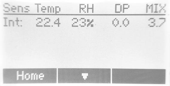 Skärmbild för intern relativ luftfuktighet och temperatur Den här skärmbilden innehåller värden uppmätta av den interna RHT-givaren, som är
