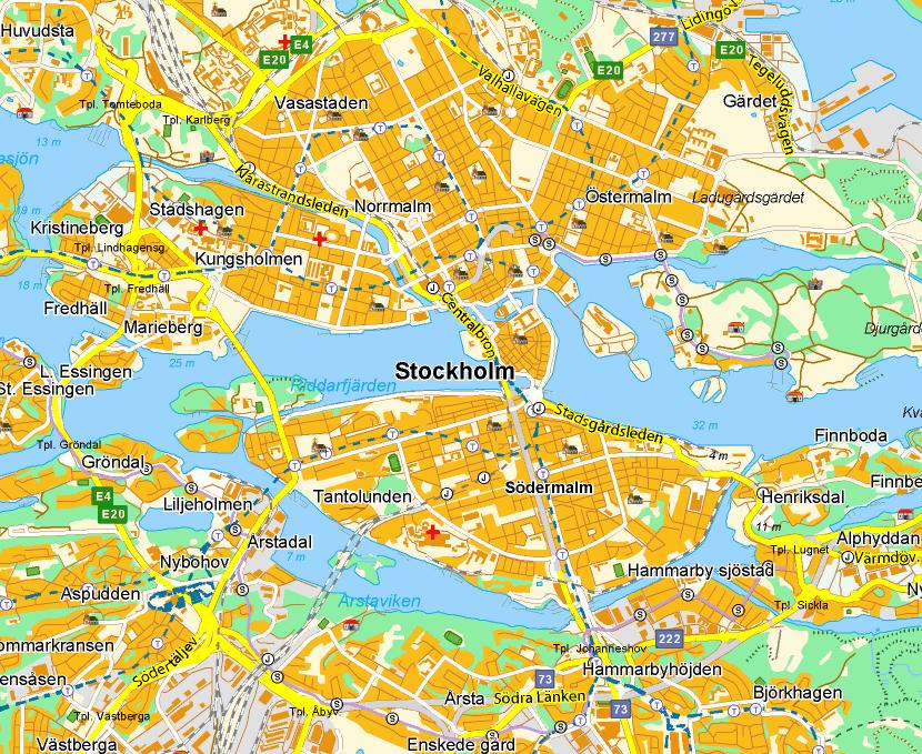 83 59 Norrlandsgatan Figur 4. Gatorna och mätplatserna för luftkvalitet och vägdammsundersökningar (röda ringar) i centrala Stockholm som ingår i studien under 2015 2016 (Karta från Eniro.se).