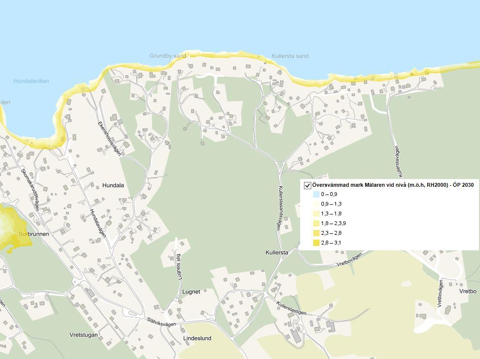 Eskilstuna kommun 9 (60) Karta 6. Översvämmad mark Mälaren vid olika nivåer (meter över havet, RH2000) enligt uppgift från översiktsplan, ÖP 2030. Anmärk att Mälarens medelvattennivå är +0,87 meter.
