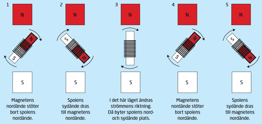 Hur elektromagneter kan användas för att skapa rörelse i en elmotor När det går ström genom en spole i ett magnetfält vrider spolen på sig (spolens magnetiska nordände vill vrida sig mot
