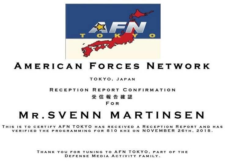 American Forces Network, Tokyo 810 khz In the morning of November 1st I followed commercial broadcasters in Japan on a receiver in Finnmark (Arctic SDR), among these repeaters of the strong Sapporo