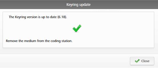 Figur:252 Kodningsstation nyckelringsuppdatering Uppdateringar av nyckelringsversioner kan ta flera minuter beroende på internetuppkopplingen.
