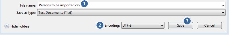 Figur 31: Editor Spara som Ange filändelsen.csv manuellt och välj UTF-8-kodning > Den CSV-fil som sparats på detta sätt kan därefter importeras i AirKey onlineadministration.