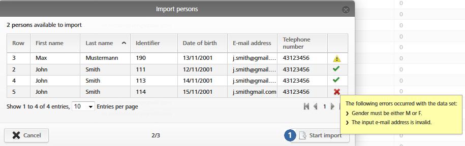 Figur 32: Importera personer > Klicka på Välj fil. > Välj den CSV-fil som ska importeras. > En översikt av de personer som ska importeras visas. > Klicka på Starta import.