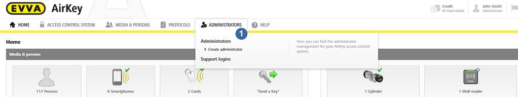Figur 89: Huvudmenyn Administratörer 5.3.1 Skapa administratörer Endast administratörer kan skapa andra administratörer. > I huvudmenyn väljer man Administratörer -> Skapa administratör.