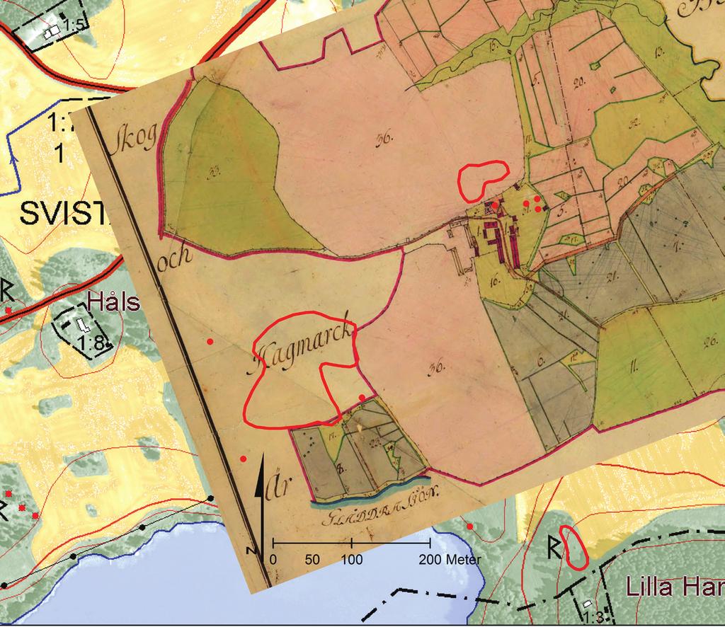 Gravfältets gräns på kartan är den som registrerades i FMIS 1985 och som här föreslås revideras, jämför fig. 2 och 3. Fig 7.