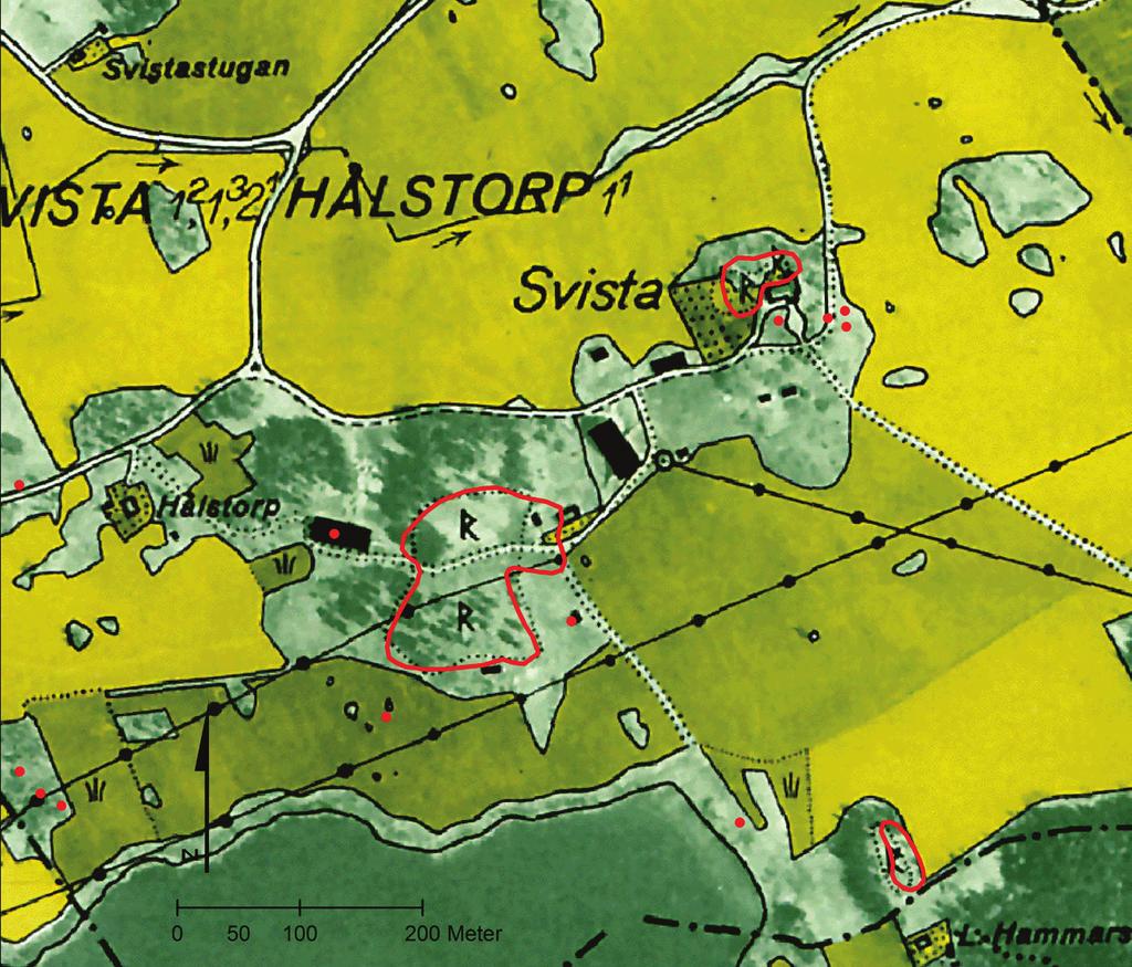 Gravfältets gräns på kartan är den som registrerades i FMIS 1985 och som här föreslås revideras, jämför fig. 2 och 3. Fig 9. Ekonomiska kartans blad från 1950-talet med bebyggelse och markslag.