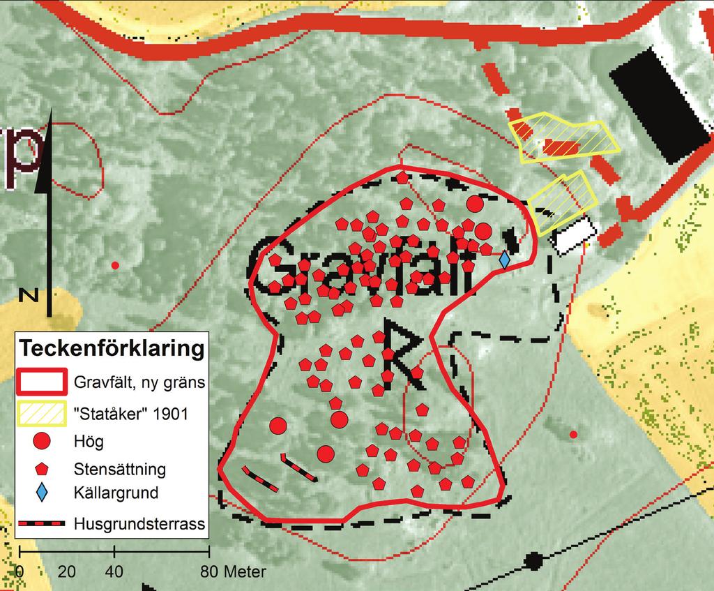 Fig 2. Utdrag ur digitala fastighetskartan 2014, med gravfältets gräns från FMIS som svarta streck i kartbilden och med ny avgränsning.