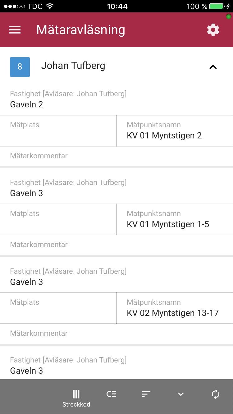 Om den inloggade avläsaren har kopplats till andra resurser i Vitec Energiuppfölning kommer även mätare för dessa avläsare att presenteras i listan.