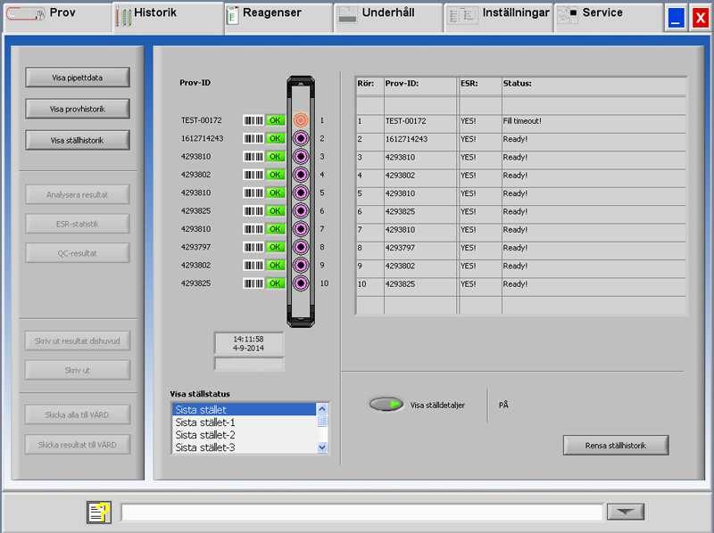 Starrsed RS programvara 5.3.3.1. Visa ställstatus Mer detaljerad information om proven i de valda ställen visas i statustabellen.