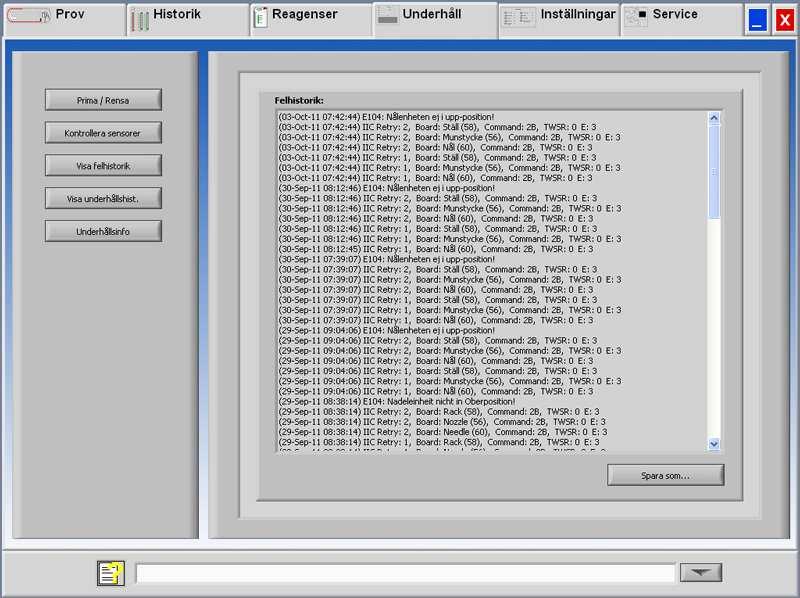 Starrsed RS programvara 5.5.3. Visa felhistorik Vid sensoralarm visas en larmindikator i tabellen UNDERHÅLL. Alla fel som inträffar under driften loggas automatiskt.