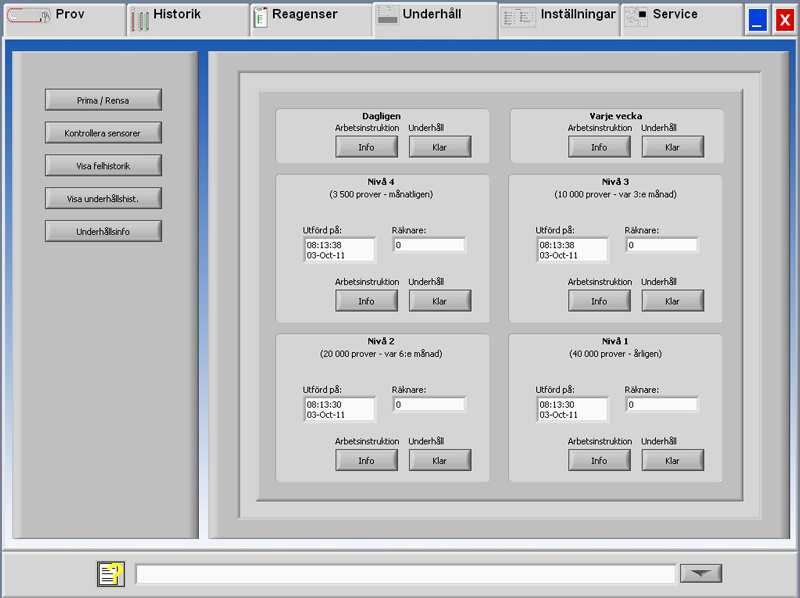 Starrsed RS programvara 5.5.5. Underhållsinfo Vid sensoralarm visas en larmindikator i tabellen UNDERHÅLL. Denna skärm är indelad i 6 avsnitt för underhållsnivåer.