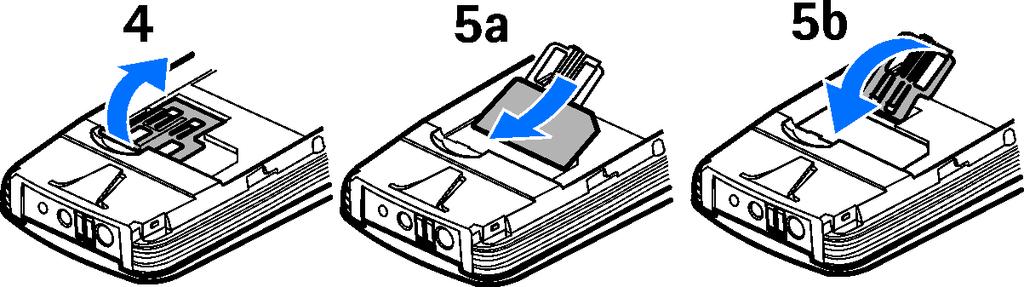3. Lyft SIM-korthållaren med användning av fingergreppet. Fäll upp hållaren (4). Skjut försiktigt in SIM-kortet i SIM-korthållaren (5).
