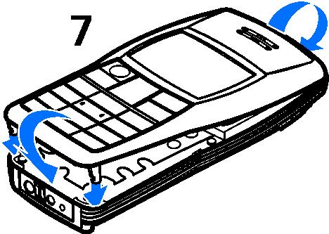 4. Rikta den övre delen av skalet mot telefonens övre del och tryck ned skalet för att låsa det på plats (7). 5. Sätt i batteriet och sätt tillbaka bakstycket.