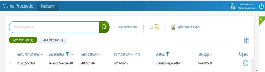 5 (8) 5. Granska faktura vid avvikelse på beloppet Börja med att klicka på att hantera och fakturor att hantera. Du kommer till dina fakturalistor. Nya fakturor där hittar du dina nya fakturor.