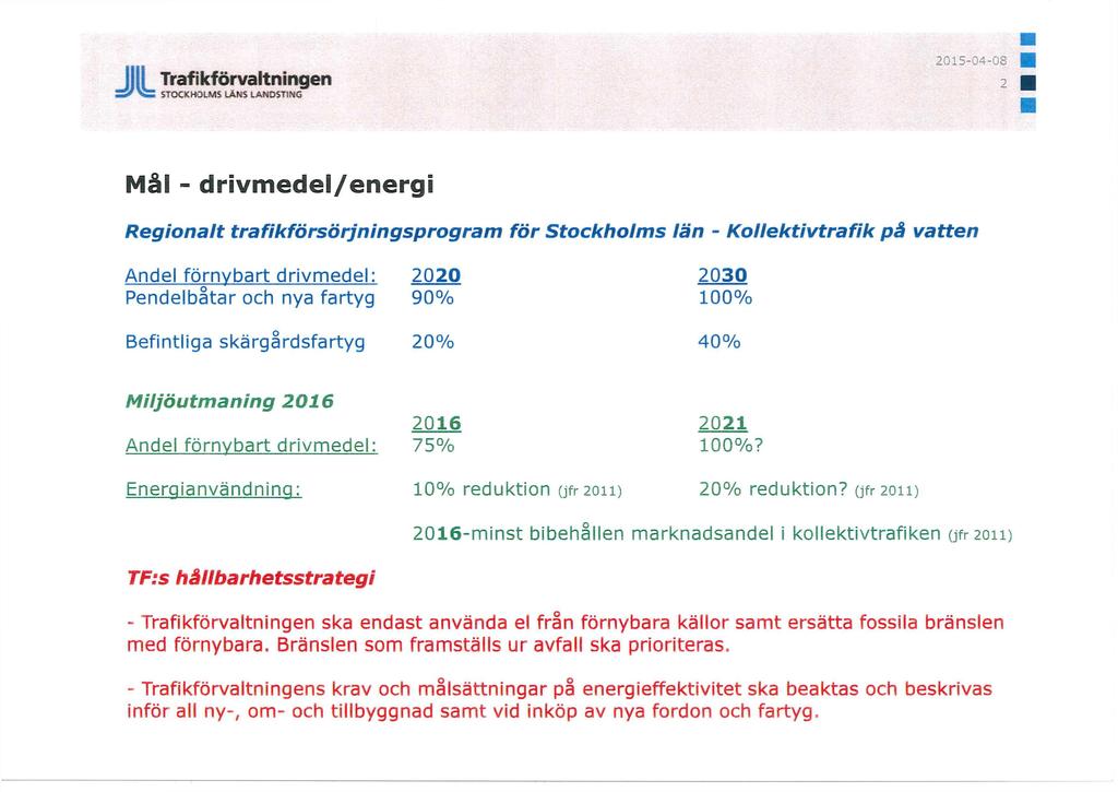 Trafikförvaltningen ZS' VSS STOCKHOLMS LÄNS LANDSTING 2015-04-08 2 Mål - drivmedel/energi Regionalt trafikförsörjningsprogram för Stockholms län - Kollektivtrafik på vatten Andel förnybart drivmedel: