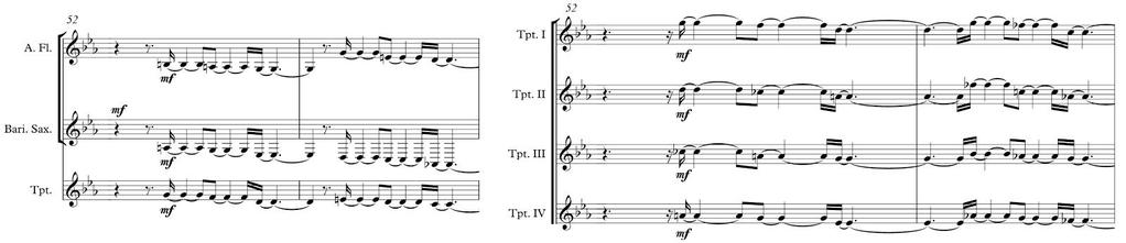 Figur 10 - Polyrytmisk bakgrundsstämma flyttad till trumpetsektionen, originalversionen till vänster Träblås Eftersom trumpeten har en så pass ledande roll i originalversionen och det var något jag