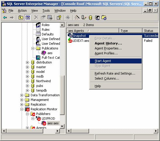 14 Kör ett första snapshot + distribuering I EM, expandera LEXPROD / Replication Monitor / Publishers