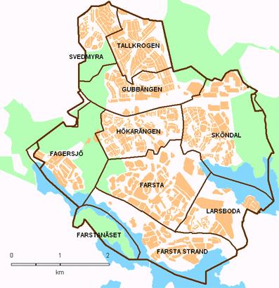 FARSTA STADSDELSOMRÅDE Farsta stadsdelsområde består av de tio stadsdelarna Tallkrogen, Svedmyra, Gubbängen, Fagersjö, Hökarängen, Sköndal, Farsta, Larsboda, Farstanäset och Farsta strand (bild ).
