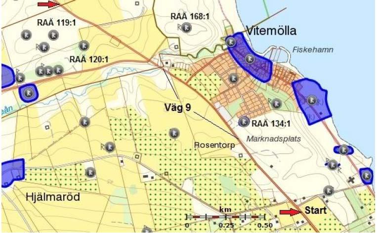 Figur 31. Kända fornlämningar i den södra delen av utredningsområdet, hämtat ur rapporten. GC-väg längs väg 9 mellan Ravlunda och Kivik (Österlenarkeologi 2016).