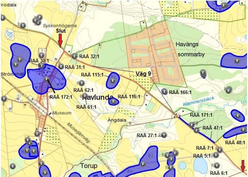 Figur 32. Kända fornlämningar i den norra delen av utredningsområdet, hämtat ur rapporten. GC-väg längs väg 9 mellan Ravlunda och Kivik (Österlenarkeologi 2016).