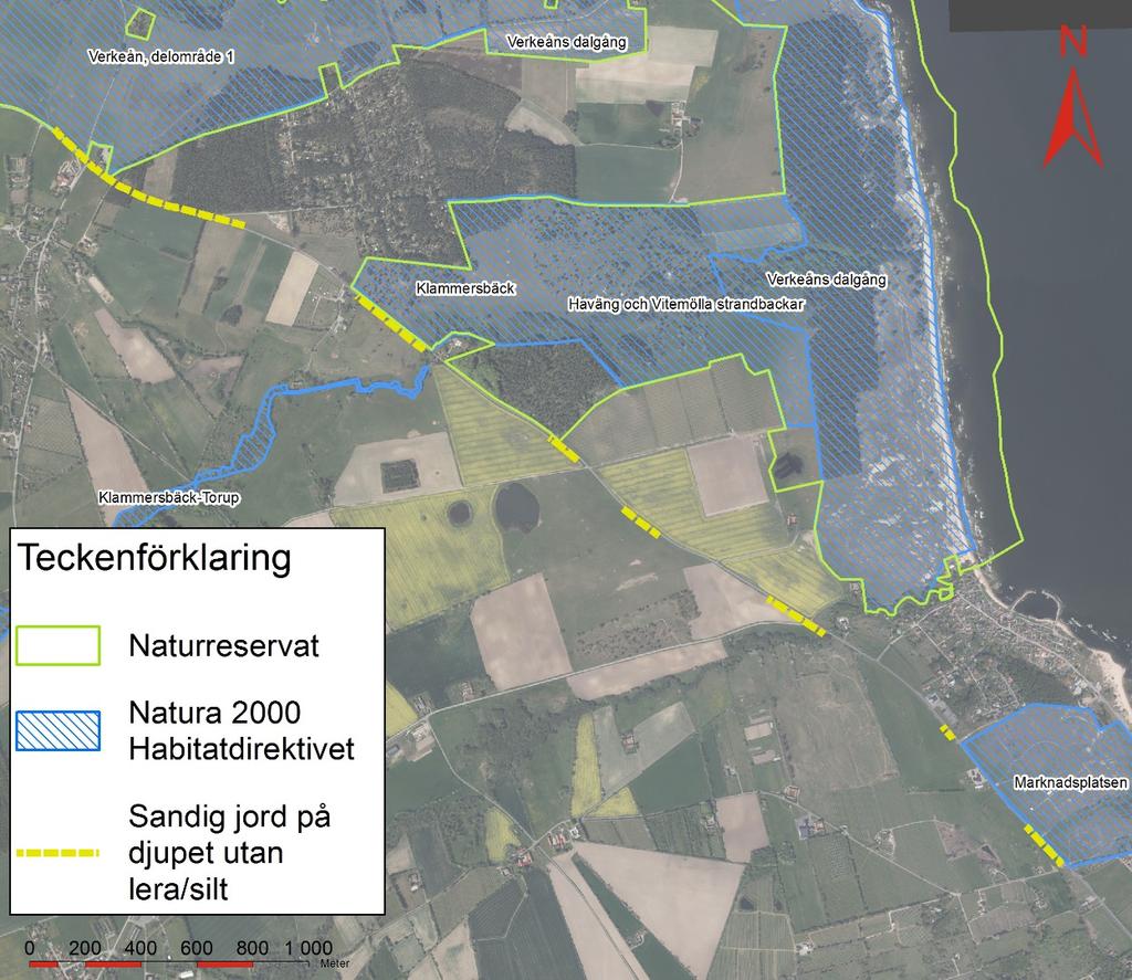 Figur 62. Figuren visar vilka avsnitt längs väg 9 som enligt en geoteknisk utredning kan ha sandig jord på djupet utan inblandning av för mycket lera eller silt. 5.4.