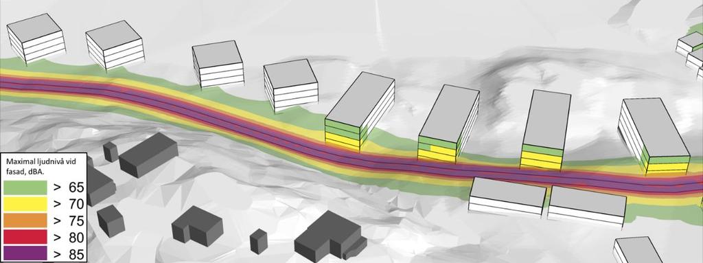 Figur 13: Maximal ljudnivå från vägtrafik för de mest nordliga flerbostadshusen,