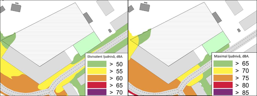 Ljudutbredning av ekvivalent samt maximal ljudnivå 1,5 meter över mark är redovisat Figur 31 nedan. Figur 31: Ekvivalent samt maximal ljudutbredning på skolgården.