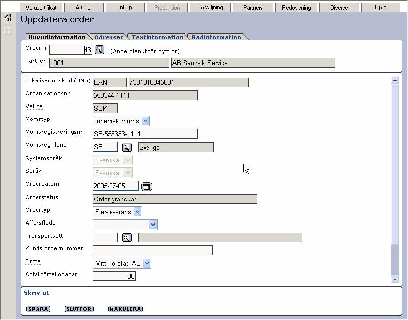 Ordern hämtas och placeras under fliken Huvudinformation som innehåller grunduppgifter om partnern.