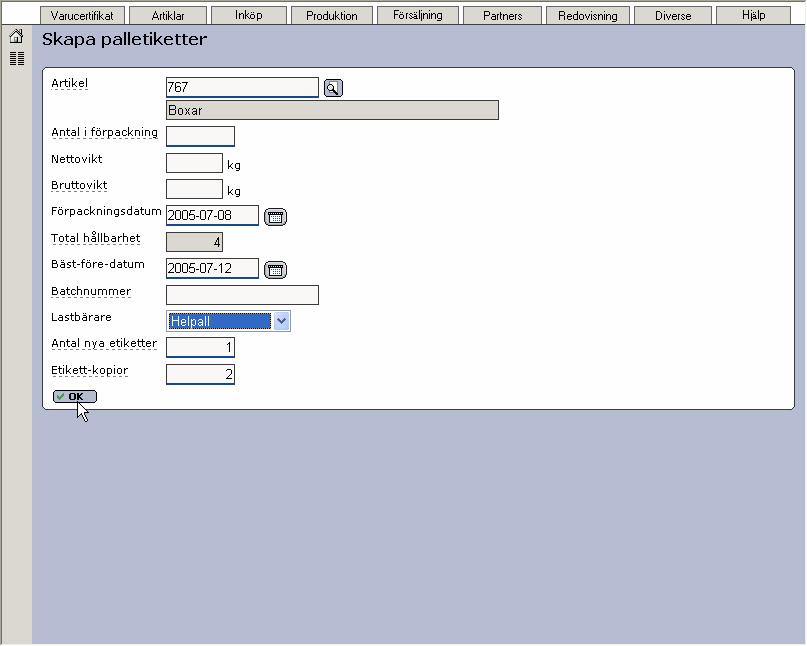 Genom att fylla i alla obligatoriska fälten och klickar på Ok kommer etiketterna att skrivas ut.