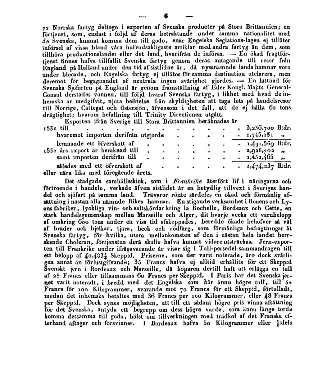 6 72 Norrska fartyg deltogo i exporten af Svenska producter på Stora Brittannien; en förtjenst, som, endast i följd af deras betraktande under samma nationalitet med de Svenska, kunnat komma dem till
