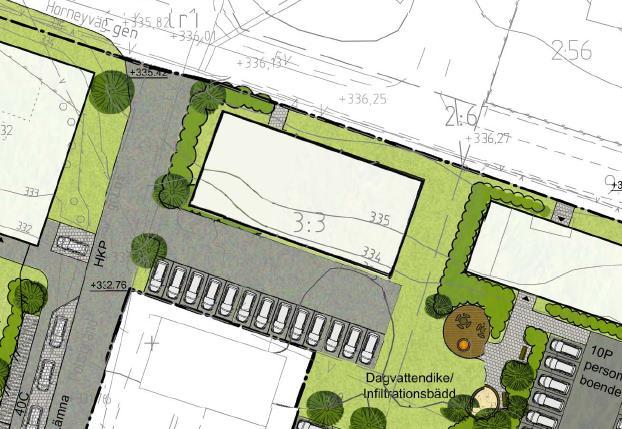 Figur 5. Korrigering av plan för fastighet 3:3 enligt Årehus. Möjlighet planeras för parkeringsgarage i en sutterängvåning under denna byggnad.