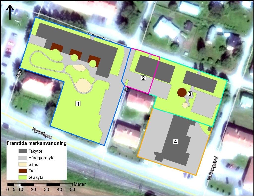 Figur 6. Framtida markanvändning samt delavrinningsområden. Markanvändningen och de olika avrinningskoefficienterna för efterläget redovisas i Tabell 2 