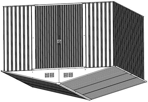 Stålskjul 240 x 240 cm Monteringsinstallationer Skjulets montering kräver två personer och det kommer att ta tid ca. 2-3 timmar.