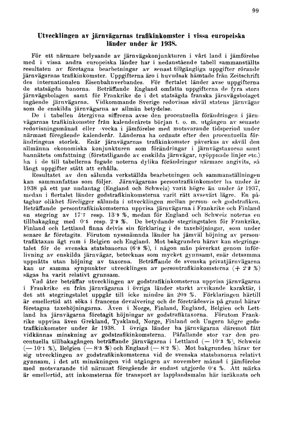 99 Utvecklingen av järnvägarnas trafikinkomster i vissa europeiska länder under år 1938.