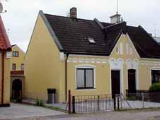 Bruna 2-lufts fönster. Brun lamelldörr med fönster och överljus, mönster av diagonalrutor.