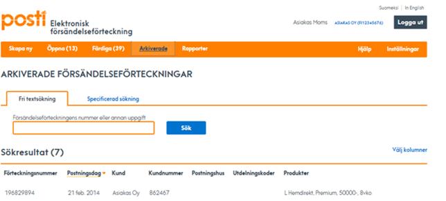 17 Genom att klicka på försändelseförteckningens nummer öppnas försändelseförteckningen på skärmen så att du kan titta på den. 6.