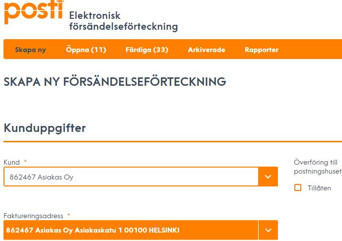 1 SNABBINSTRUKTION FÖR HUR DU SKAPAR EN FÖRSÄNDELSEFÖRTECKNING På skärmbilden Skapa ny skapar du en ny försändelseförteckning. 1.