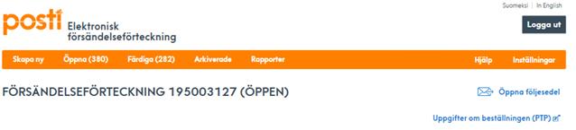 21 11 Visa källsystem i försändelseförteckningen Då beställningen har överförts från Planeringsapplikationen för postning (PTP) till en elektronisk försändelseförteckning, kan du identifiera detta