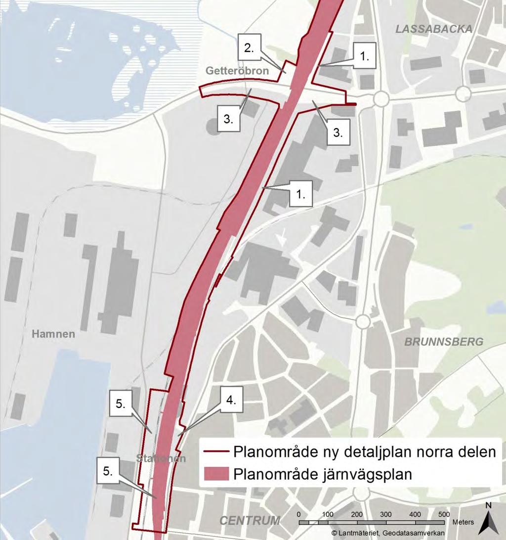 Figur 5 Områden som omfattas av detaljplanen men är utanför planområdet för järnvägsplanen 5.