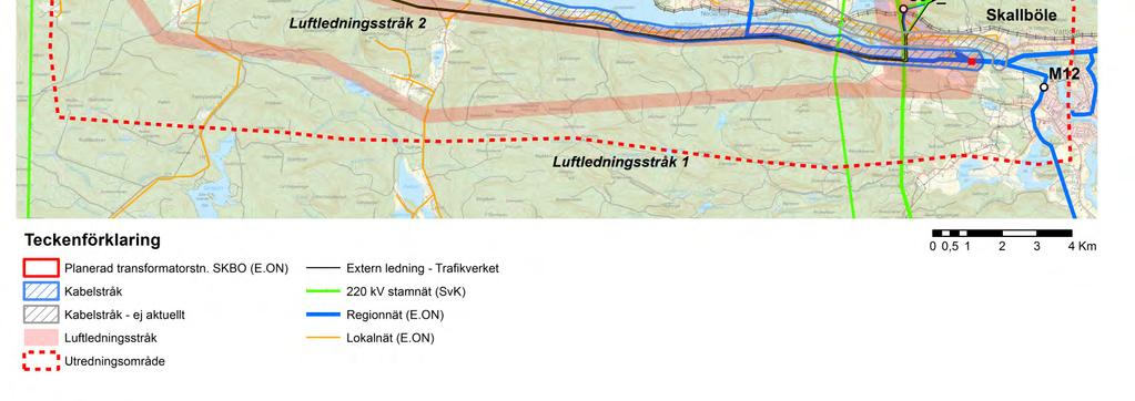 Dess lokalisering visas Figur 4. Stråken är från 400 meter breda och uppåt och är som bredast vid transformatorstationerna eftersom terrängen här är komplicerad.