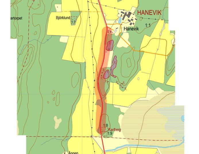 3.1.4 Hanevik Karlberg Start: 6584130-1354420 Stopp: 6583100-1354350 Längd: 1000 m Väster om vägen finns vallar.