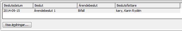 9. Visning av beslutsfattare i ärende och utbetalningsbeslut Nu visas vilken som fattat beslut med både användarnamn och fullständigt namn i listan med beslut i arbetsytan Visa ärende Ärendebeslut