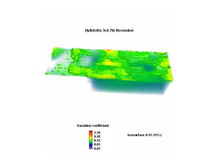 3.3.2 Variabilitet i 3D-modeller från resistivitetsmätningarna Mätningarna som utfördes på Hyllstoftadeponin pågick från den 3 till 7 november med tolv mätomgångar per dygn, vilket resulterade i