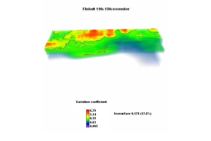 3.4.2 Variabilitet i 3D-modeller från resistivitetsmätningarna Mätningarna som utfördes på Flishultsdeponin pågick från den 11 till 15 november med tolv mätomgångar per dygn, vilket resulterade i