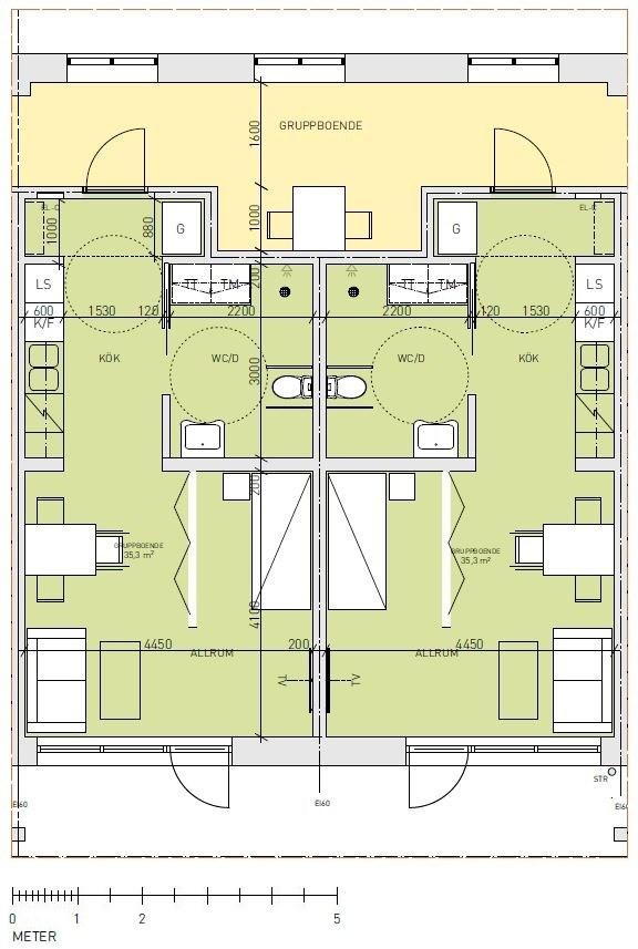 Sida 3 (5) Princip för lägenheternas planlösning. Den gemensamma delen har en yta för samvaro, ett arbetskök och en matplats med utgång till gemensam uteplats.