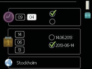 4 24 h 12 h Välja alternativ Värde som ska ändras Alternativ I en meny med alternativ visas det valda alternativet med en grön bock. För att välja annat alternativ: 1.