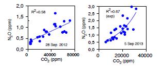 Figur 8. Samband mellan lustgaskoncentrationer och koldioxidkoncentrationer i markatmosfären på Mellby E1 (utan fånggröda) i september 2012 (vänster)och 2013 (höger).