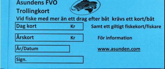 Figur 56. Baksidan på ett fiskekort för Åsunden, här finns enkel kartinformation om förbjudna områden samt ifylld information om vilket sorts fiskekort man köpt. Figur 57.